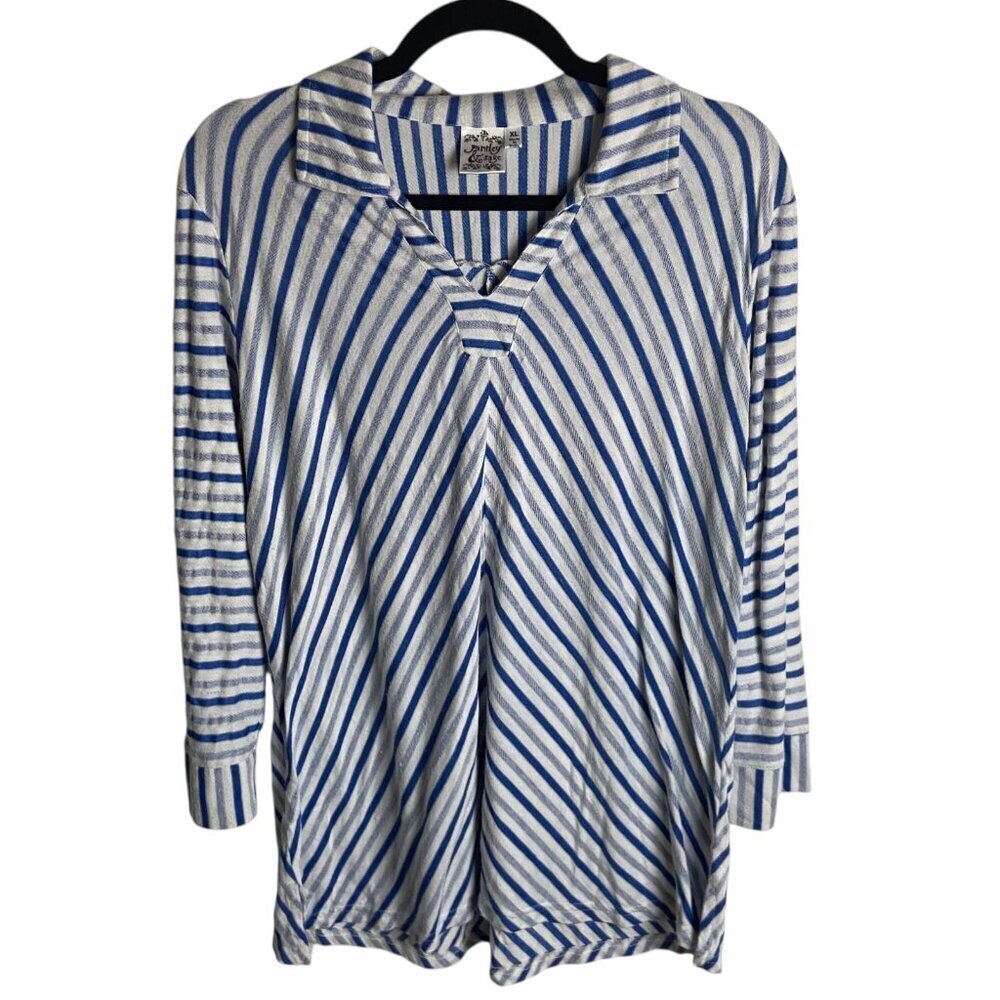 Parsley & Sage Size Xl Collared Striped Blouse Blue White Artsy Top V Neck Work